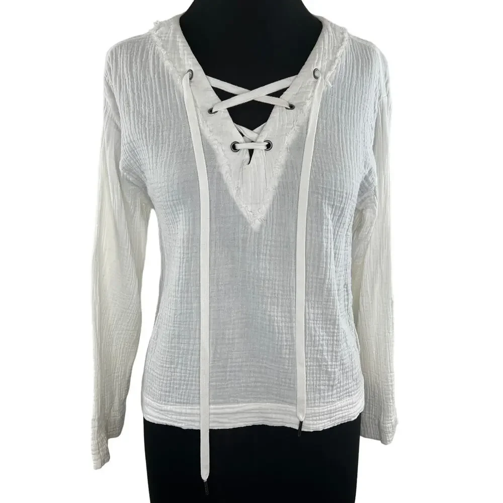 Cloth & Stone White Cotton Gauze Lace Up Neck Long Sleeve Top Blouse X-Small XS
